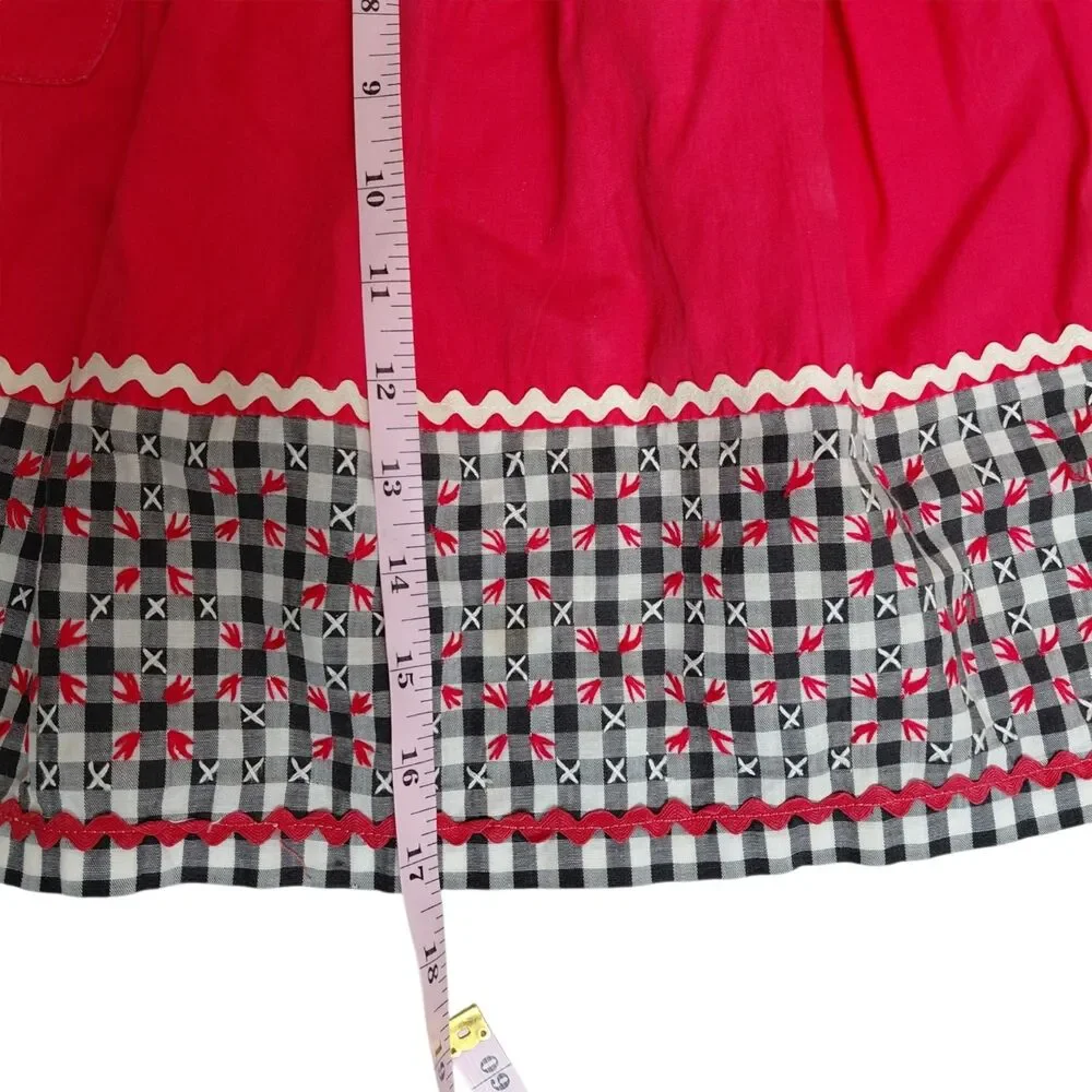 Handmade Half Apron Vt 50/60's Cotton Red White Black Embroidered Fabric